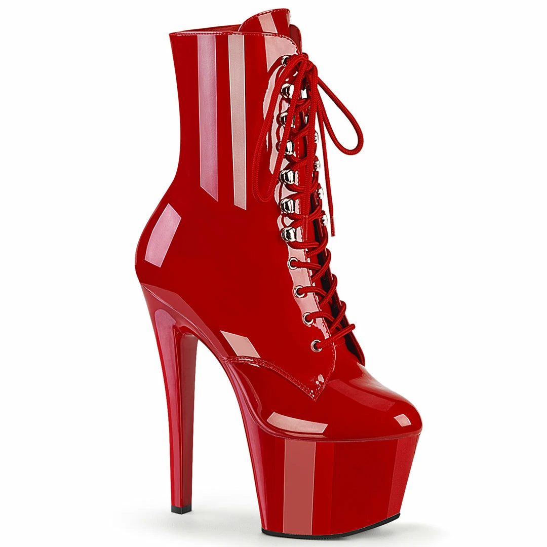 PLEASER Sky-1020 Red Ankle Calf Back Lace Up Zipper Platforms 7" Heels Boots