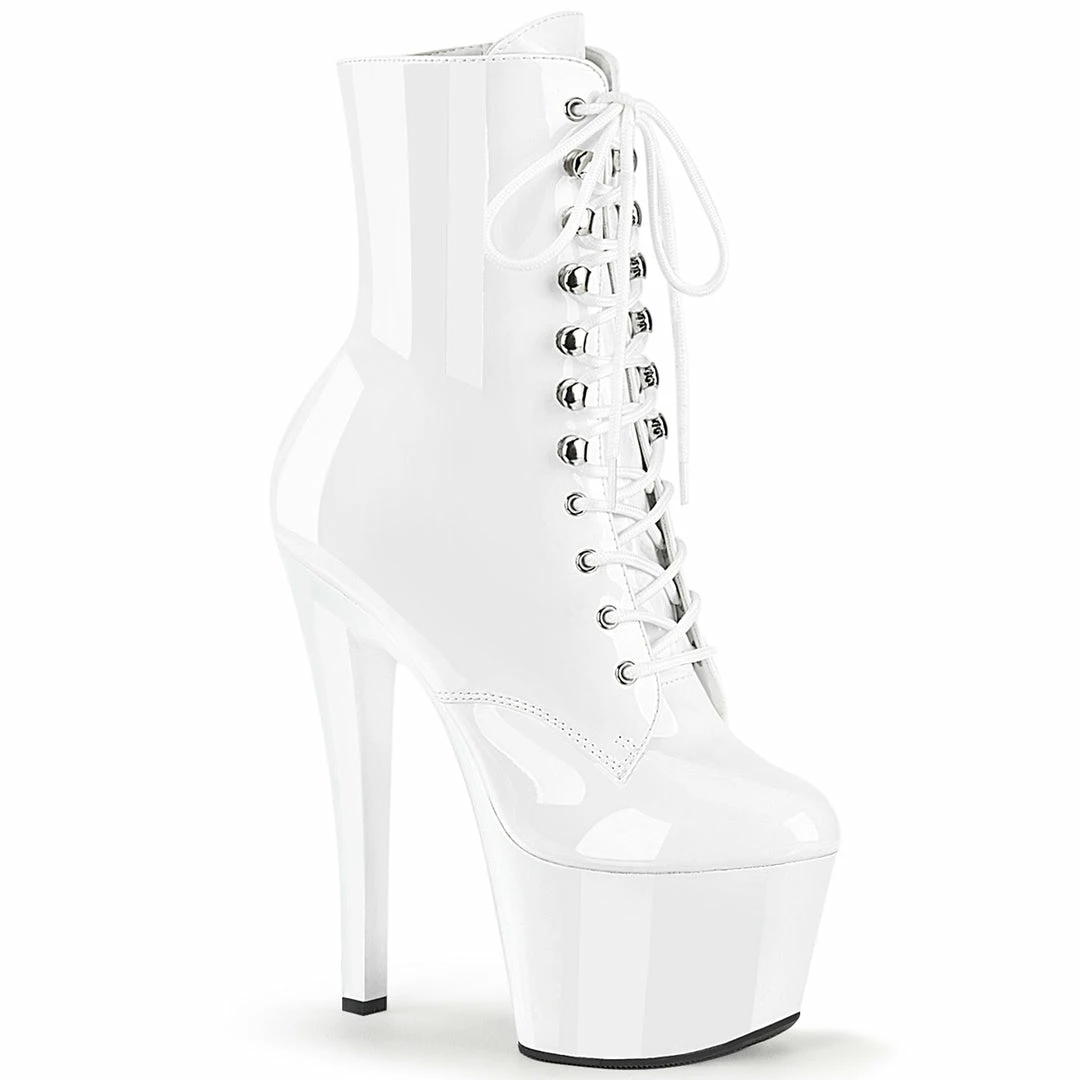 PLEASER Sky-1020 White Ankle Calf Back Lace Up Zipper Platforms 7" Heels Boots
