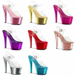 PLEASER Sky-308 Clear Chrome Pole Dancer Club Ankle Strap Platform 7" Heels 5-14