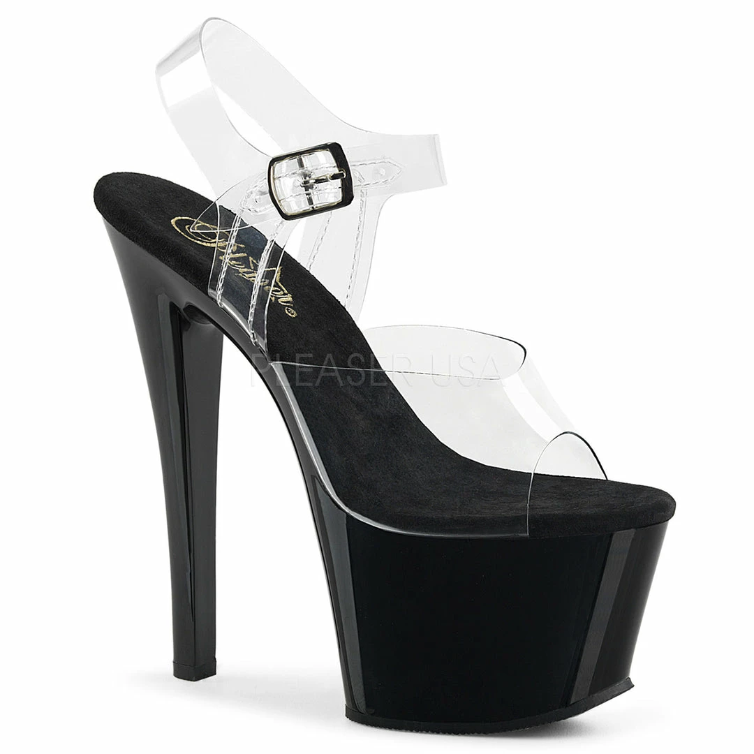 Heels PLEASER Sky-308 Clear Black Cream Pole Dancer Club Strap Platform 7" Heel 5-14