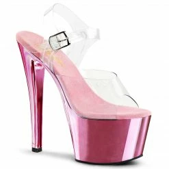 PLEASER Sky-308 Clear Chrome Pole Dancer Club Ankle Strap Platform 7" Heels 5-14