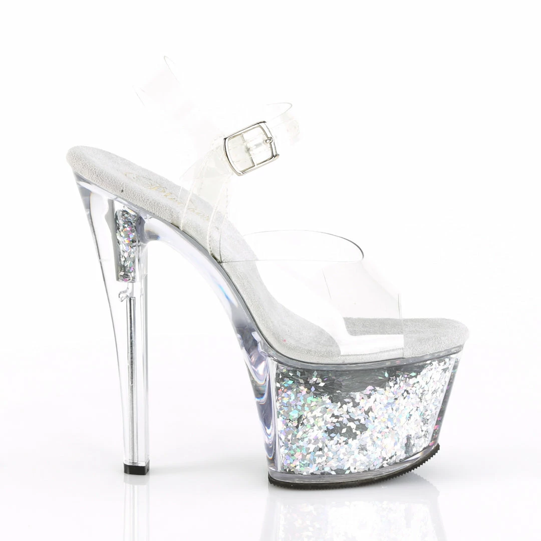 PLEASER Sky-308GF Silver Diamond Holographic Glitter Dancer Club Platform Heels
