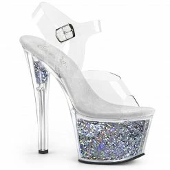 PLEASER Sky-308GF Silver Diamond Holographic Glitter Dancer Club Platform Heels