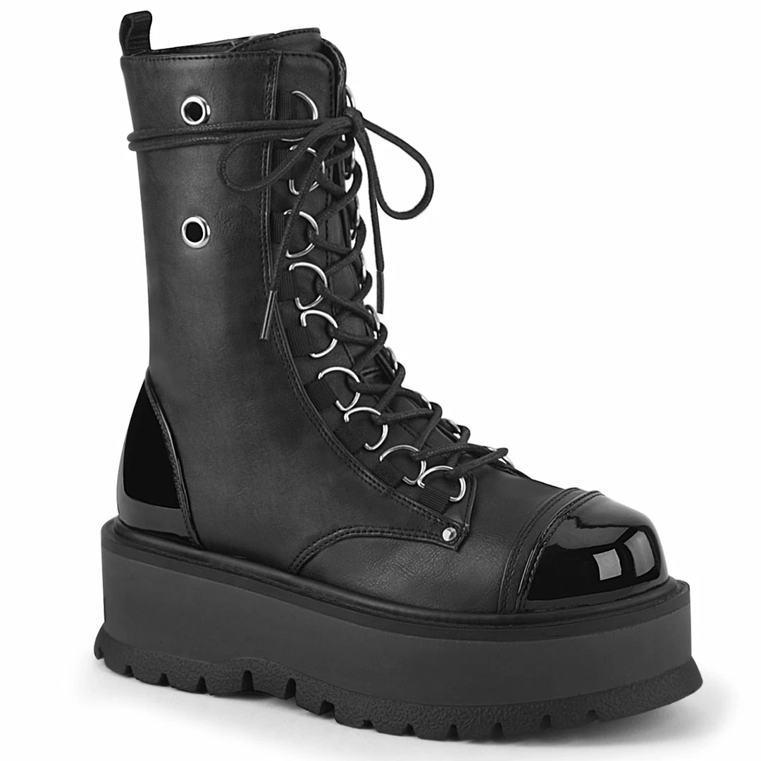 Boots DEMONIA Slacker-150 Women's Black Vegan Leather D-Ring Rocker Goth Platform Boot