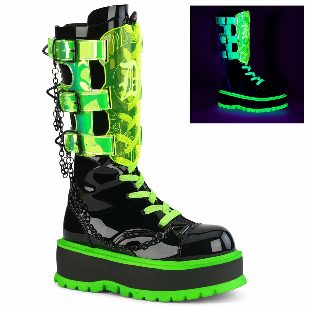 DEMONIA Slacker-156 Black UV Neon Green Chain Harness Goth Rave Festival Boots