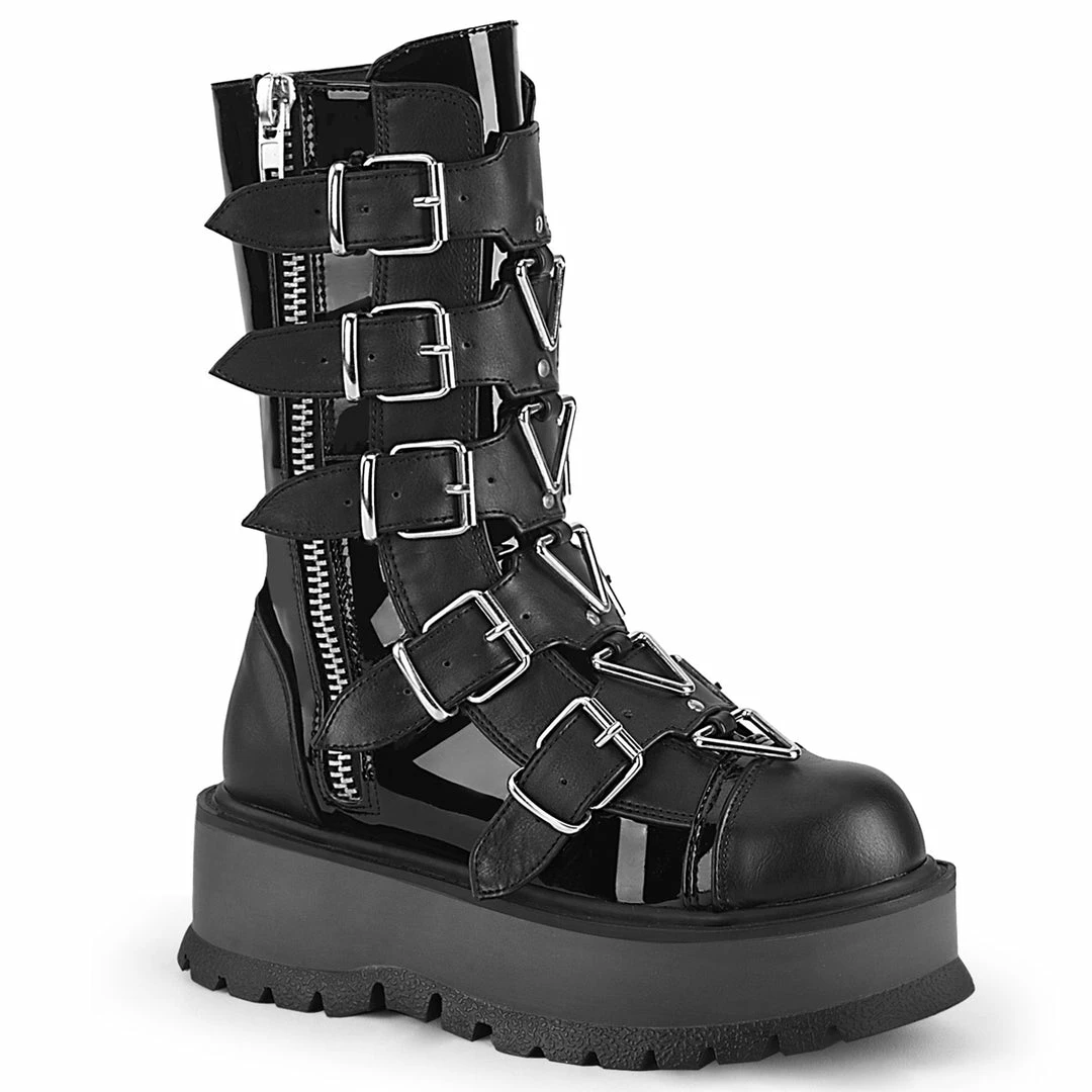 DEMONIA Slacker-160 Women's Black 5 Strap Triangle Ring Goth Platform Booots Boots