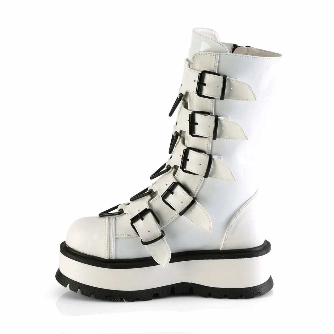 DEMONIA Slacker-160 Women's White 5 Strap Triangle Ring Goth Platform Booots Boots