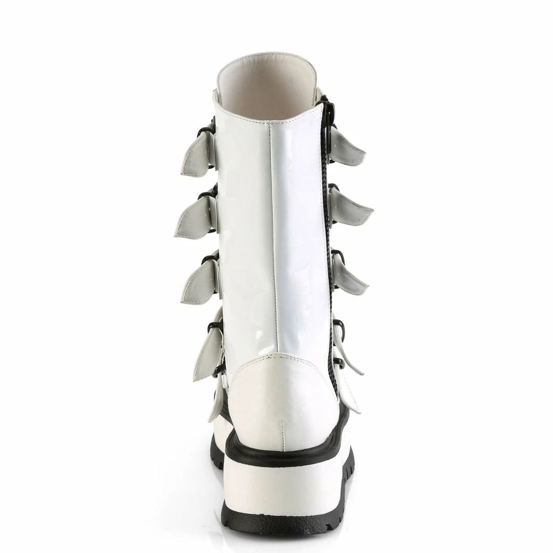 DEMONIA Slacker-160 Women's White 5 Strap Triangle Ring Goth Platform Booots Boots