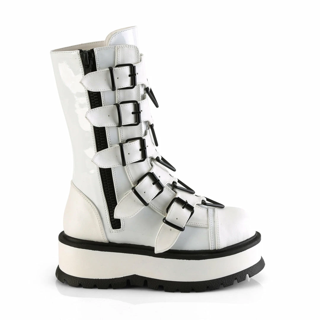 DEMONIA Slacker-160 Women's White 5 Strap Triangle Ring Goth Platform Booots Boots