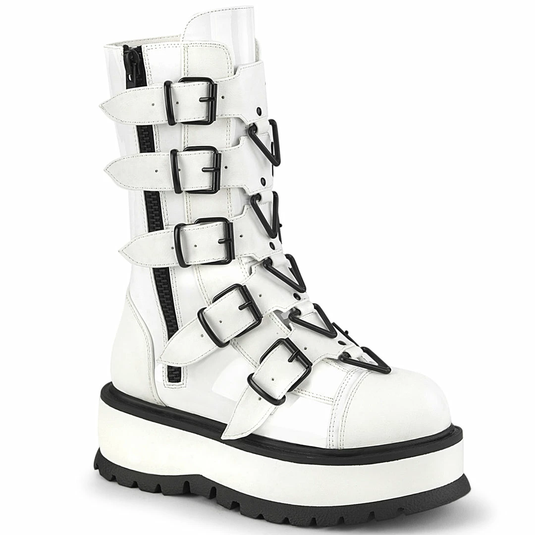 DEMONIA Slacker-160 Women's White 5 Strap Triangle Ring Goth Platform Booots Boots