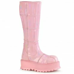 DEMONIA SLACKER-230 Women's Pink Hologram Patching Goth Platform Boots