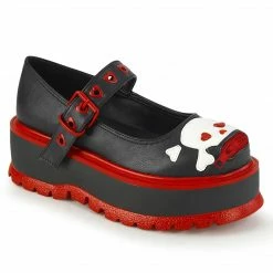 DEMONIA Slacker-27 Red Heart Eyelet Skill Zipper Mouth Goth Platform Mary Janes Heels