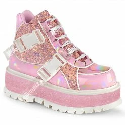 DEMONIA Slacker-50 Pink Holographic Glitter Goth Platform Ankle Boots Shoes