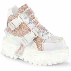 DEMONIA Slacker-50 White Holographic Glitter Goth Platform Ankle Boots Shoes