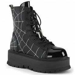 DEMONIA Slacker-88 Women's Black Embroidered Spider Web Goth Platform Ankle Boot