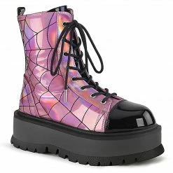 DEMONIA Slacker-88 Pink Hologram Embroidered Spider Web Goth Platform Ankle Boot Boots