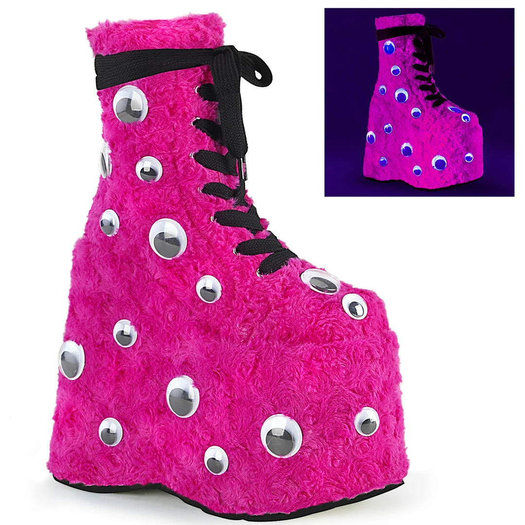 DEMONIA Slay-206 Pink Faux Fur Googly Eyes Funky 7" Platform Ankle Boots