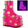 DEMONIA Slay-77 UV Neon Pink Green Puffed Horns Spikes 7" Platform Ankle Boots