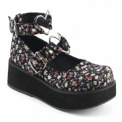 DEMONIA Sprite-02 Floral Fabric Goth Heart Ring Platforms Mary Janes Heels