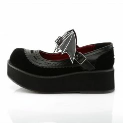 DEMONIA Sprite-09 Black Velvet Goth Removable Bat Buckle Platforms Mary Janes