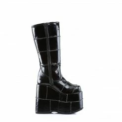 DEMONIA Stack-301 Black Patent Men's Unisex Goth Cyber Patching 7