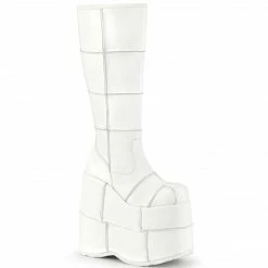 DEMONIA Stack-301 White Vegan Leather Men's Unisex Goth Cyber Patching 7" Boots