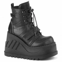 DEMONIA Stomp-13 Black Vegan Leather Quilted Goth Platforms Ankle Boots