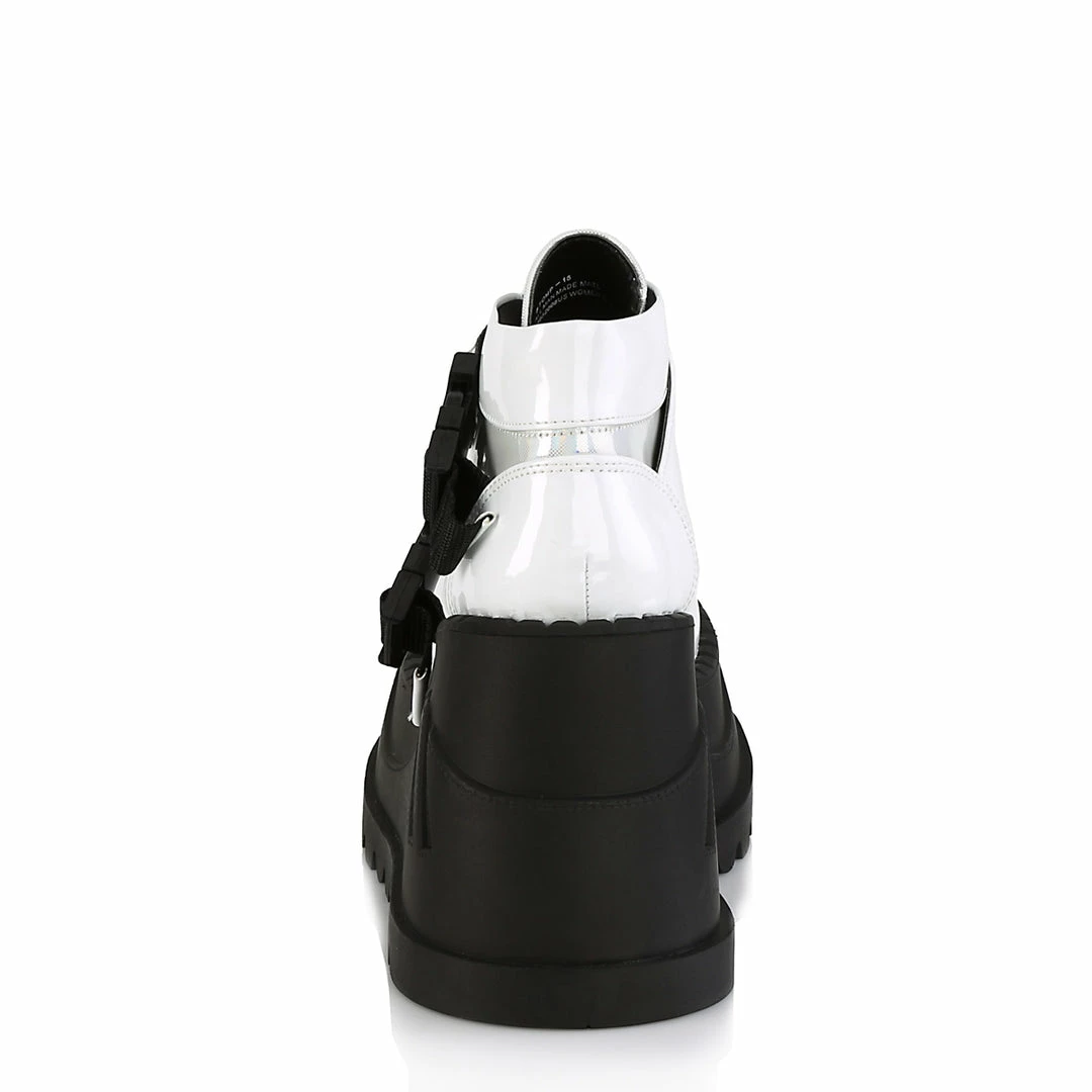 DEMONIA Stomp-15 Women's White Front Sheild Snap Buckles Ventilator Detail Boots