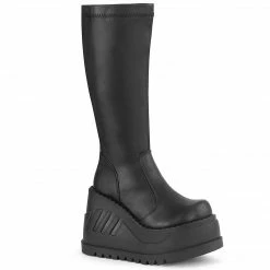 DEMONIA Stomp-200 Women's Black Vegan Leather Goth Wedge Platform Knee Boots