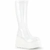 DEMONIA Stomp-200 Women's White Hologram Goth Wedge Platform Knee Boots