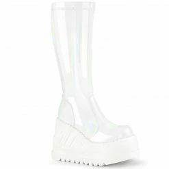 DEMONIA Stomp-200 Women's White Hologram Goth Wedge Platform Knee Boots