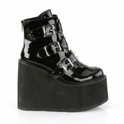 DEMONIA Swing-105 Black Patent Metal Plates Goth Platform Ankle Boots