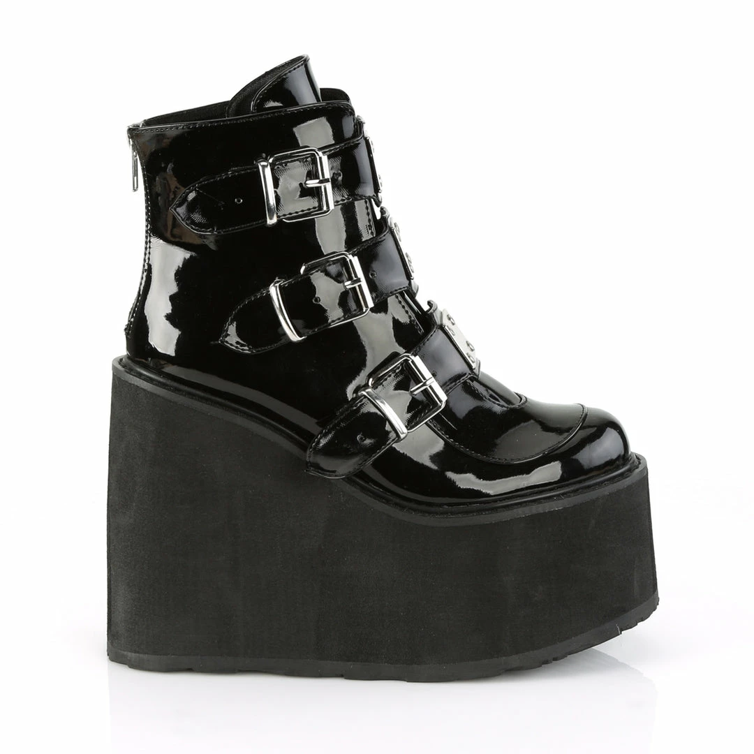 DEMONIA Swing-105 Black Patent Metal Plates Goth Platform Ankle Boots