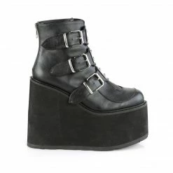 DEMONIA Swing-105 Black Vegan Leather Metal Plates Goth Platform Ankle Boots