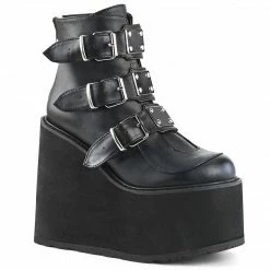 DEMONIA Swing-105 Black Vegan Leather Metal Plates Goth Platform Ankle Boots