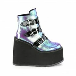 DEMONIA Swing-105 Purple Iridescent Metal Plates Goth Platform Ankle Boots