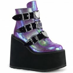 DEMONIA Swing-105 Purple Iridescent Metal Plates Goth Platform Ankle Boots