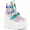 DEMONIA Swing-105 Pearl Iridescent Metal Plates Goth Platform Ankle Boots