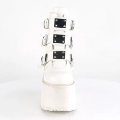 DEMONIA Swing-105 White Vegan Leather Metal Plates Goth Platform Ankle Boots