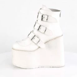 DEMONIA Swing-105 White Vegan Leather Metal Plates Goth Platform Ankle Boots