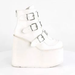 DEMONIA Swing-105 White Vegan Leather Metal Plates Goth Platform Ankle Boots