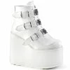 DEMONIA Swing-105 White Vegan Leather Metal Plates Goth Platform Ankle Boots