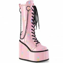 DEMONIA Swing-150 Pink Holographic Cyber Goth Removeable Chain 5.5" Wedge Boots