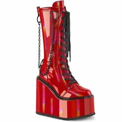 DEMONIA Swing-150 Red Holographic Cyber Goth Removeable Chain 5.5" Wedge Boots