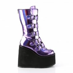 DEMONIA Swing-230 Women's Purple Hologram Goth Heart Plates Platforms Boots