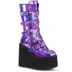 DEMONIA Swing-230 Women's Purple Hologram Goth Heart Plates Platforms Boots