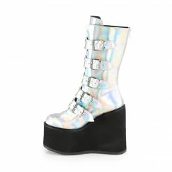DEMONIA Swing-230 Women's Silver Hologram Goth Heart Plates Platforms Boots