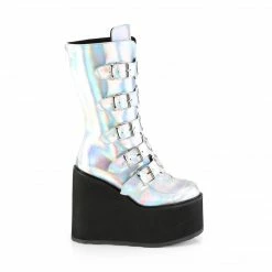 DEMONIA Swing-230 Women's Silver Hologram Goth Heart Plates Platforms Boots