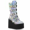 DEMONIA Swing-230 Women's Silver Hologram Goth Heart Plates Platforms Boots
