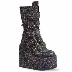 DEMONIA Swing-230G Black Glitter Heart Plates Festival Club Platform Boots